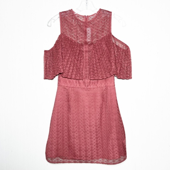 Keepsake Rose Pink Lace Sweetheart Plunge Ruffle Cold Shoulder Mini Pencil Dress - Picture 9 of 16